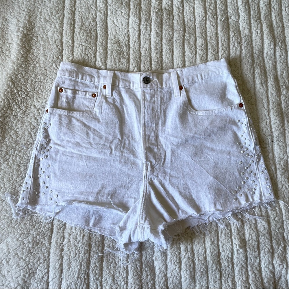 Levi’s Premium White Ribcage Shorts Bedazzled High Rise Distressed Cut Off Short